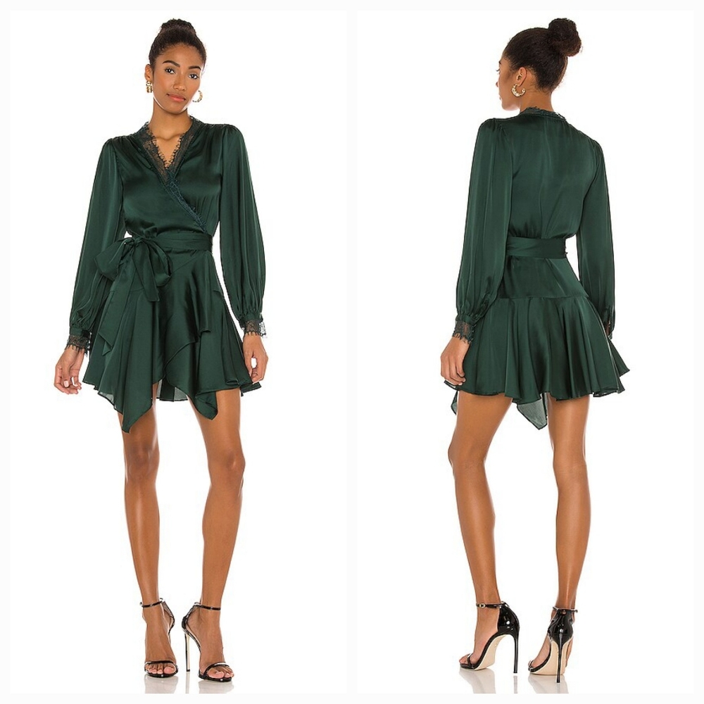 Lovers + Friends Deep Emerald Green Satin Wrap Mini Dress